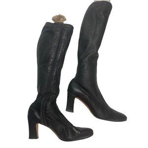 Vintage Amano Bootier Women's Black Leather Knee-High Go Go Boots‎ With Heels